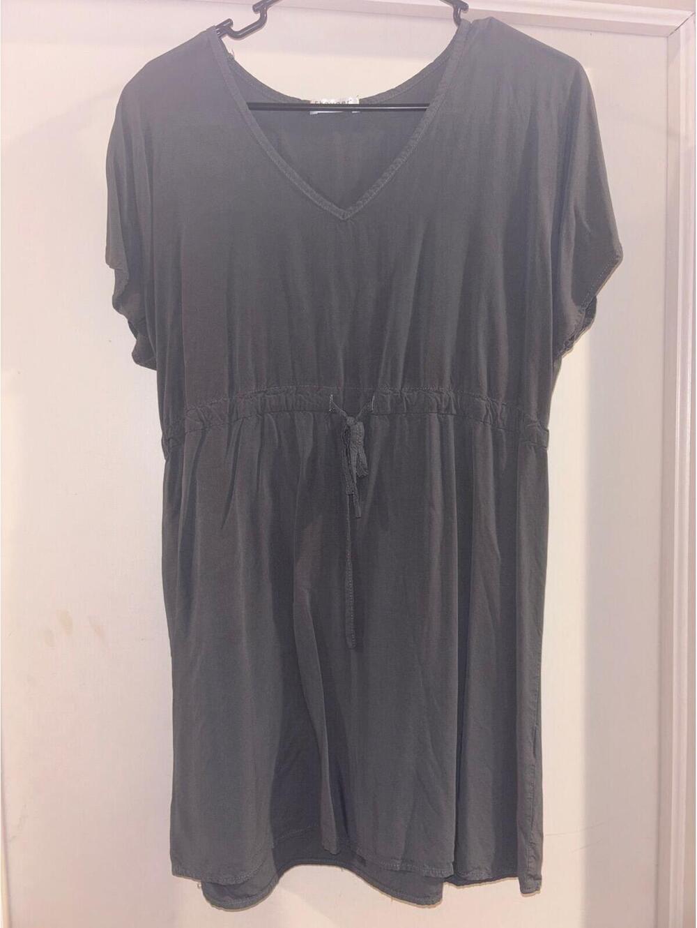 Ekouaer Charcoal Gray  Tunic Dress Large Rayon Drawstring Waist Flowy Casual